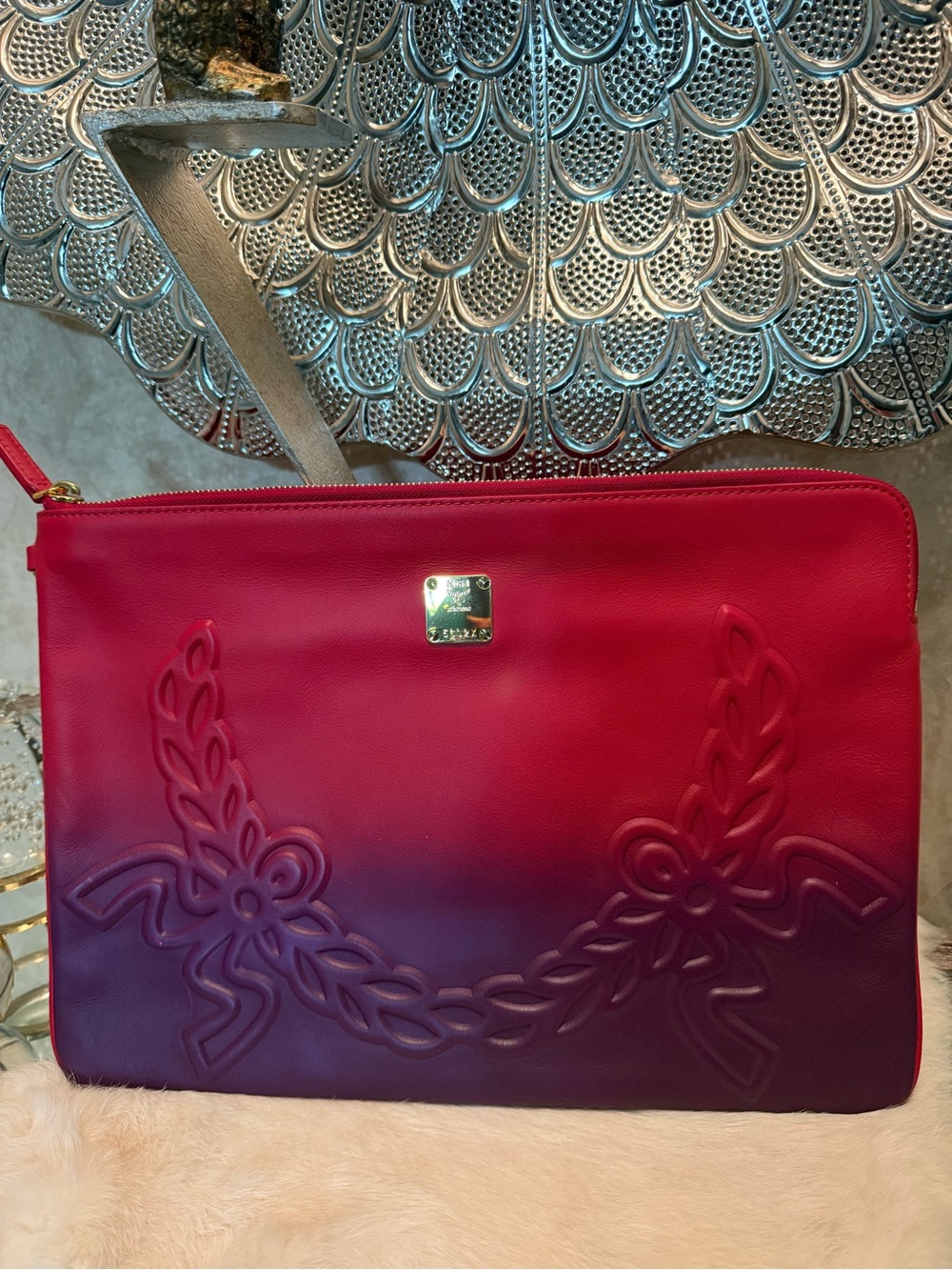 MCM Ombre Red to Purple Leather Clutch with Embossed Braid